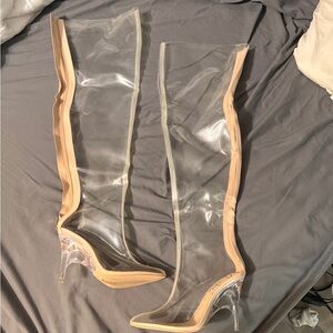 Fashion Nova Clear Knee-High Heels with Tan Trim